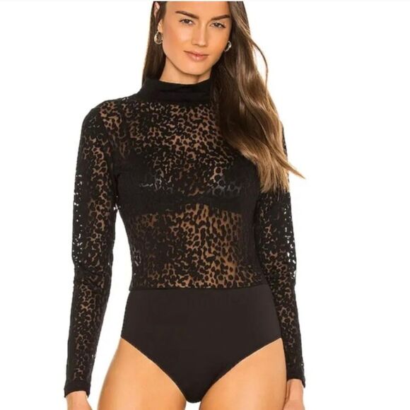 All Saints Tops - Allsaints Bela Leopard Bodysuit women's size 4 black lace mock neck modern L/S
